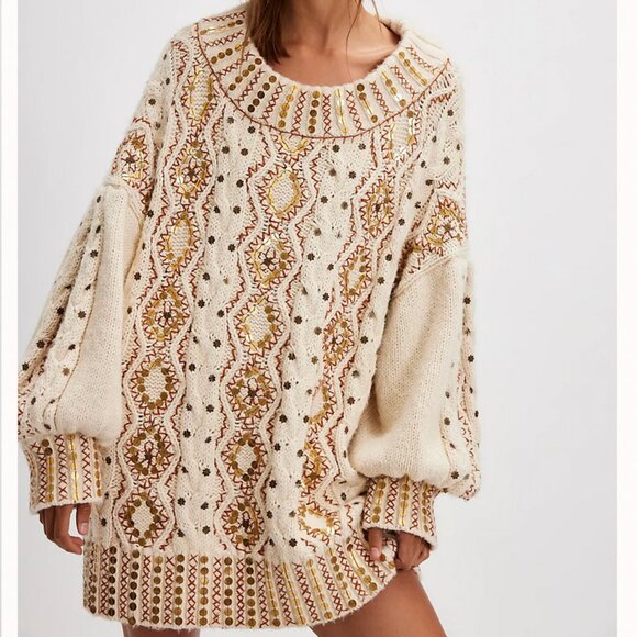NWT Free People Gilded Cable Embellished Sweater Tunic Ivory Cream - Picture 2 of 9
